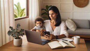 Mulher mãe trabalhando em casa e buscando renda extra com planejamento financeiro