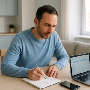 Pessoa real organizando finanças pessoais e aplicando educação financeira no dia a dia