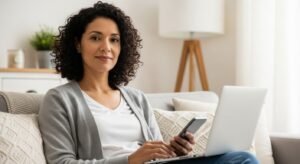 Mulher tranquila em casa após organizar onde investir a reserva de emergência com segurança.