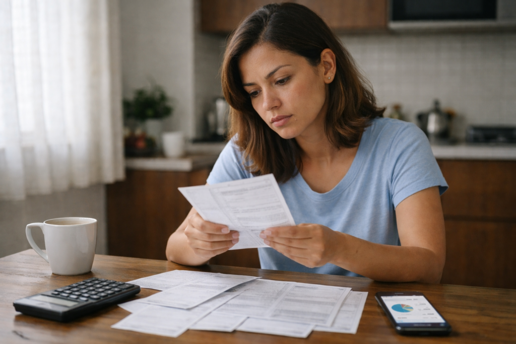 Mulher refletindo sobre mentalidade financeira e contas em mesa simples