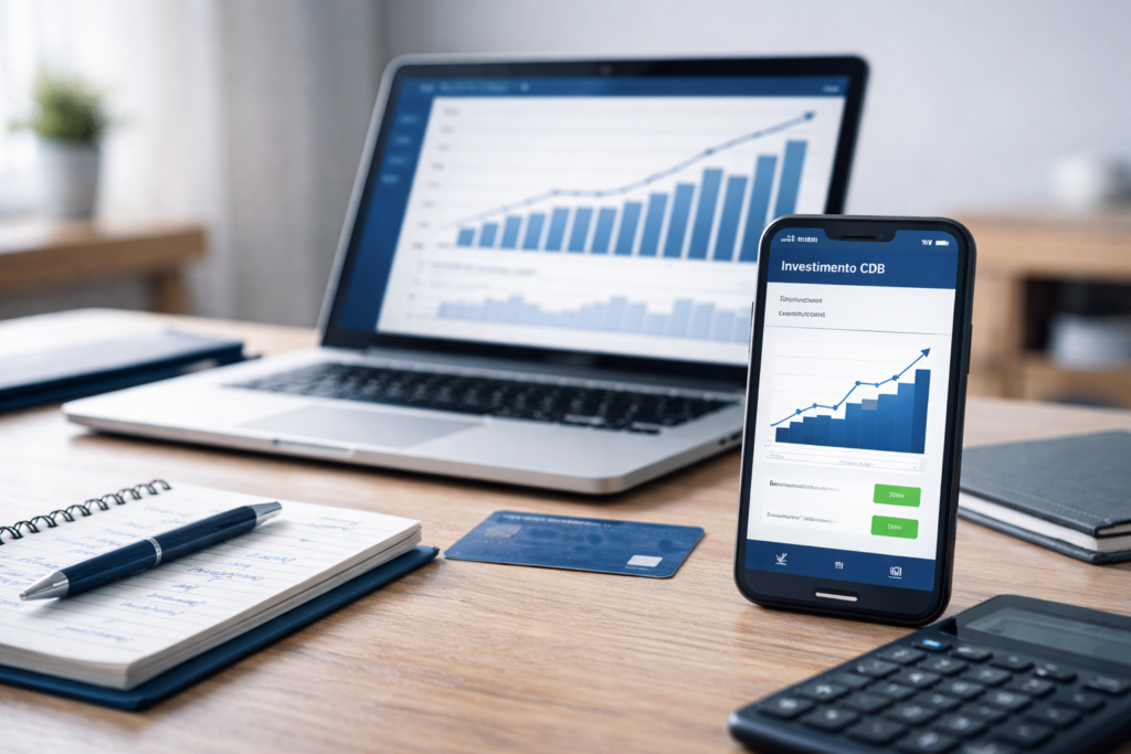 Notebook exibindo gráfico de crescimento financeiro, mostrando na prática quanto rende investir 100 reais por mês ao longo dos anos.