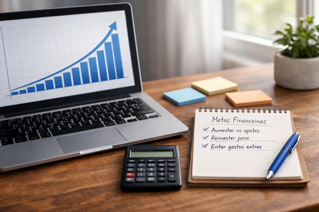 Planejamento financeiro com gráfico de crescimento no notebook e metas organizadas, mostrando quanto rende investir 100 reais por mês e como acelerar os resultados no longo prazo.