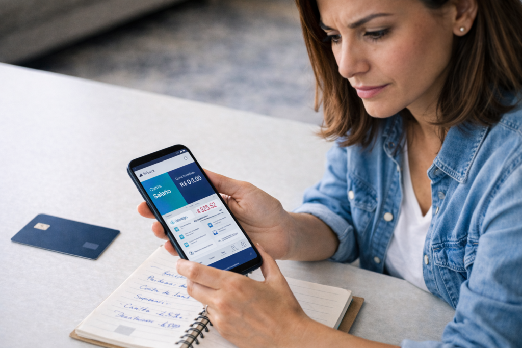 Mulher analisando crédito em conta salário x conta corrente enquanto verifica aplicativo bancário