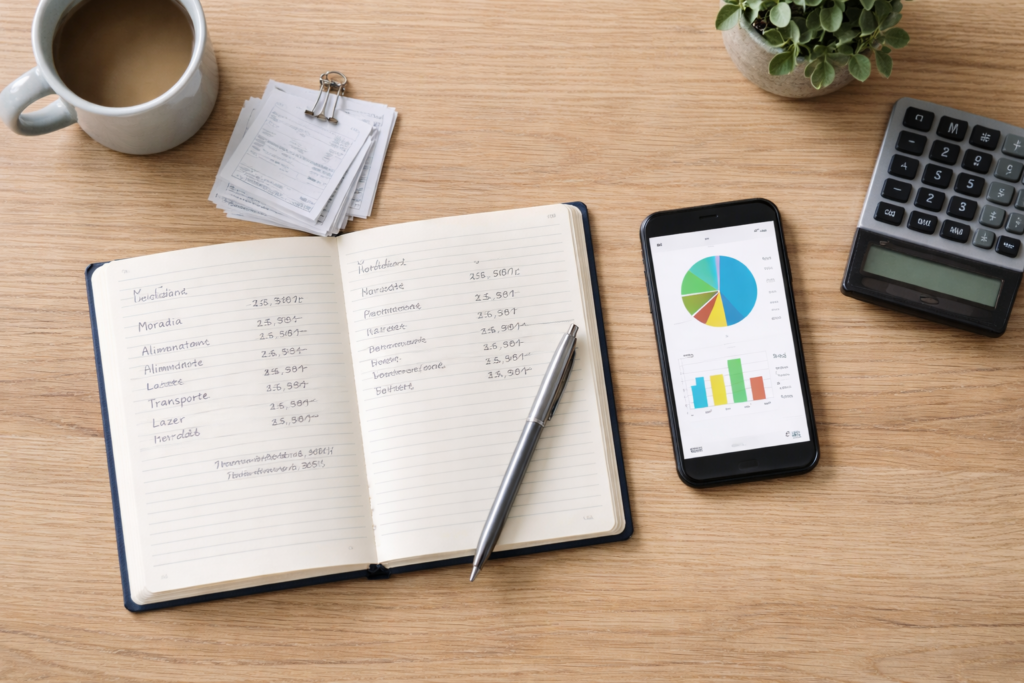 Mesa de trabalho organizada com notebook, caderno e calculadora ilustrando quanto investir por mês sendo iniciante de forma planejada.