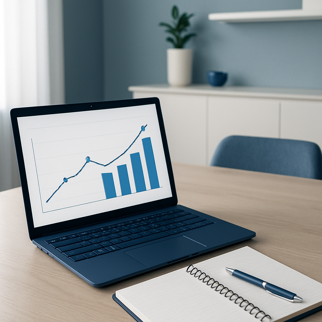 Planejamento de investimentos com pouco dinheiro em mesa organizada, com notebook exibindo gráficos financeiros simples, celular e anotações