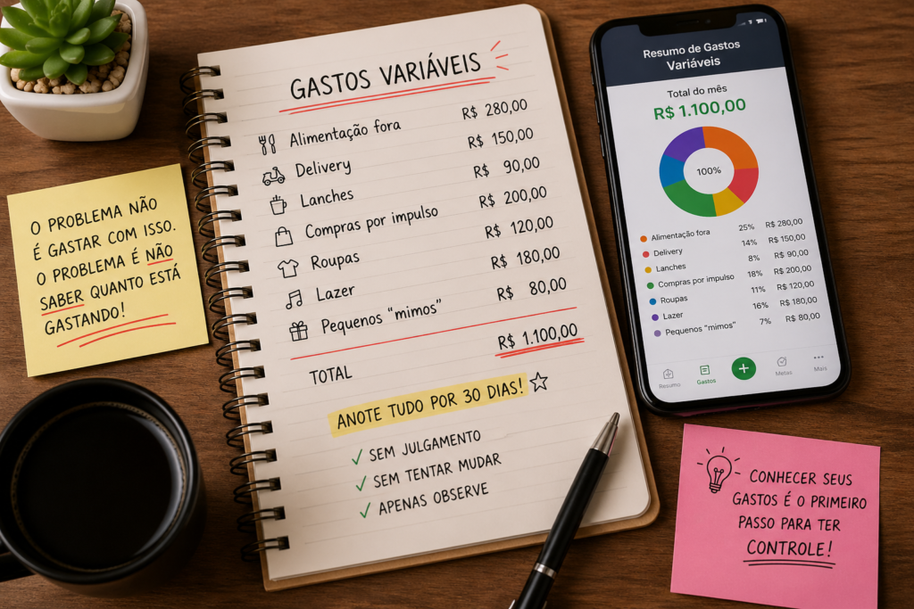controle de gastos variáveis na organização financeira com anotação de despesas como alimentação, delivery e lazer